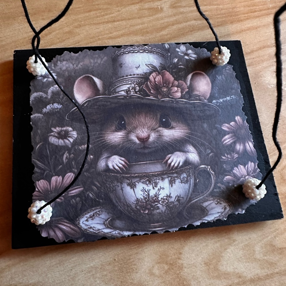 Handmade hanging display shelf with vintage mouse and teacup art